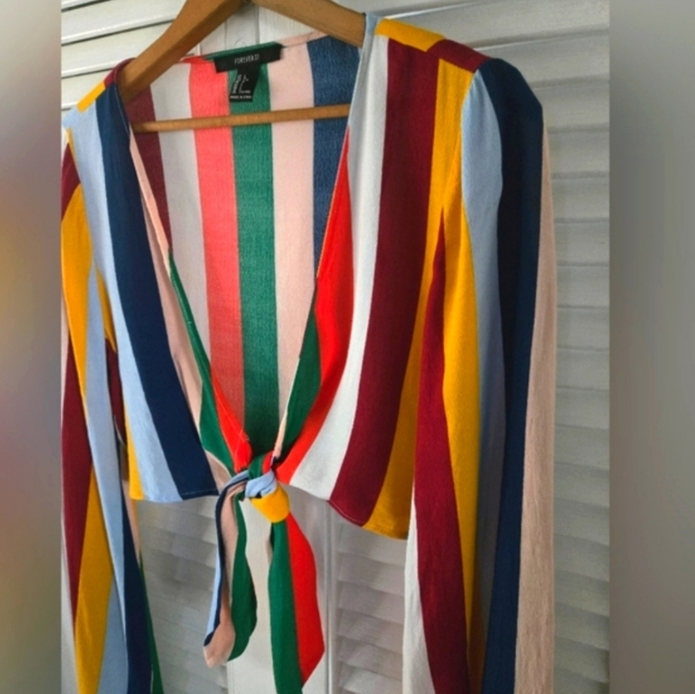 Title:Forever 21 Multicolor Stripe Tie Front Bell Sleeve Crop Top Boho Festival - Picture 4 of 7